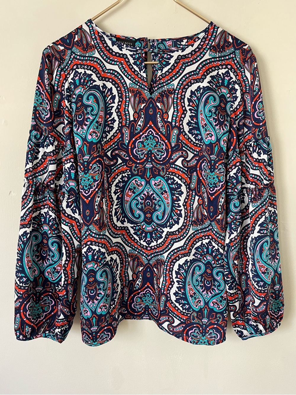 Talbots Navy Multi Paisley boho modest Keyhole Blouse size M